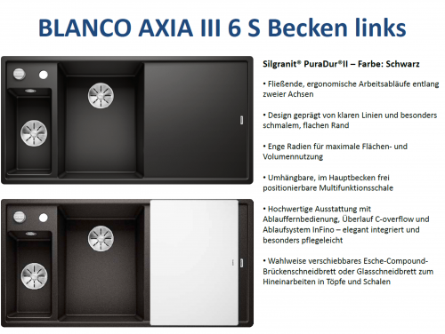 BLANCO Axia III 6 S GSB (Glasschneidbrett) Silgranit PuraDurII Granitsple / Einbausple Ablaufsystem InFino mit Drehknopfventil