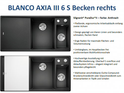 BLANCO Axia III 6 S GSB (Glasschneidbrett) Silgranit PuraDurII Granitsple / Einbausple Ablaufsystem InFino mit Drehknopfventil