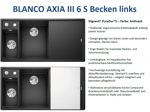 BLANCO Axia III 6 S GSB (Glasschneidbrett) Silgranit PuraDurII Granitsple / Einbausple Ablaufsystem InFino mit Drehknopfventil