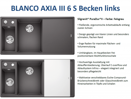 BLANCO Axia III 6 S GSB (Glasschneidbrett) Silgranit PuraDurII Granitsple / Einbausple Ablaufsystem InFino mit Drehknopfventil