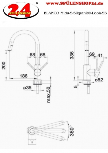 BLANCO Kchenarmatur Mida-S Silgranit-Look Einhebelmischer mit Zugauslauf 360 schwenkbarer Auslauf