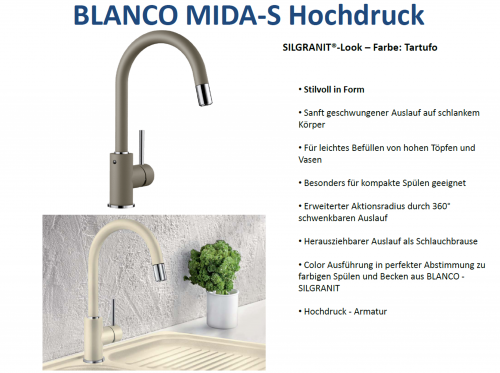 BLANCO Kchenarmatur Mida-S Silgranit-Look Einhebelmischer mit Zugauslauf 360 schwenkbarer Auslauf