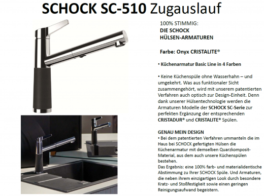 SCHOCK Kchenarmatur SC-510 Cristalite Basic Line Einhebelmischer Zugauslauf 120 schwenkbarer Auslauf mit Materialhlse und Schlauchbrause in 4 Farben