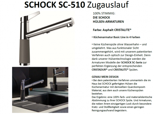 SCHOCK Kchenarmatur SC-510 Cristalite Basic Line Einhebelmischer Zugauslauf 120 schwenkbarer Auslauf mit Materialhlse und Schlauchbrause in 4 Farben