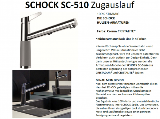 SCHOCK Kchenarmatur SC-510 Cristalite Basic Line Einhebelmischer Zugauslauf 120 schwenkbarer Auslauf mit Materialhlse und Schlauchbrause in 4 Farben