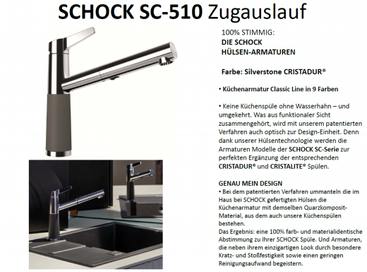 SCHOCK Kchenarmatur SC-510 Cristadur Classic Line Einhebelmischer Zugauslauf 120 schwenkbarer Auslauf mit Materialhlse und Schlauchbrause