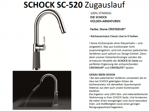 SCHOCK Kchenarmatur SC-520 Cristadur Classic Line Einhebelmischer Zugauslauf 120 schwenkbarer Auslauf mit Materialhlse und Schlauchbrause