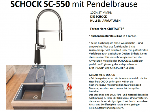 SCHOCK Kchenarmatur SC-550 Cristalite Basic Line Einhebelmischer Festauslauf 150 schwenkbarer Auslauf mit Materialhlse und Pendelbrause