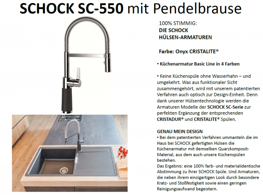 SCHOCK Kchenarmatur SC-550 Cristalite Basic Line Einhebelmischer Festauslauf 150 schwenkbarer Auslauf mit Materialhlse und Pendelbrause