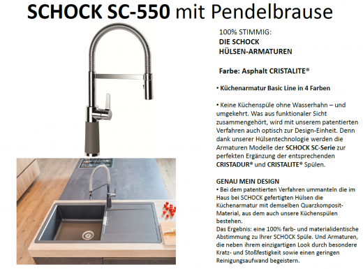 SCHOCK Kchenarmatur SC-550 Cristalite Basic Line Einhebelmischer Festauslauf 150 schwenkbarer Auslauf mit Materialhlse und Pendelbrause