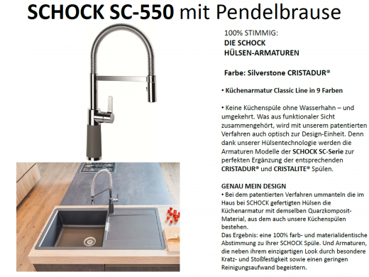 SCHOCK Kchenarmatur SC-550 Cristadur Classic Line Einhebelmischer Festauslauf 150 schwenkbarer Auslauf mit Materialhlse und Pendelbrause