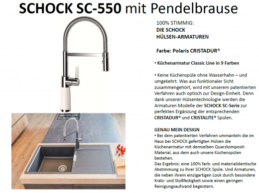 SCHOCK Kchenarmatur SC-550 Cristadur Classic Line Einhebelmischer Festauslauf 150 schwenkbarer Auslauf mit Materialhlse und Pendelbrause