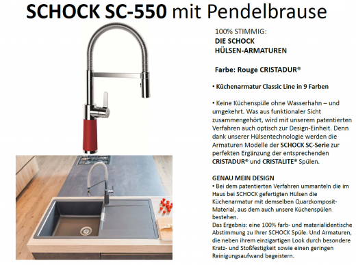 SCHOCK Kchenarmatur SC-550 Cristadur Classic Line Einhebelmischer Festauslauf 150 schwenkbarer Auslauf mit Materialhlse und Pendelbrause