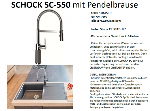 SCHOCK Kchenarmatur SC-550 Cristadur Classic Line Einhebelmischer Festauslauf 150 schwenkbarer Auslauf mit Materialhlse und Pendelbrause