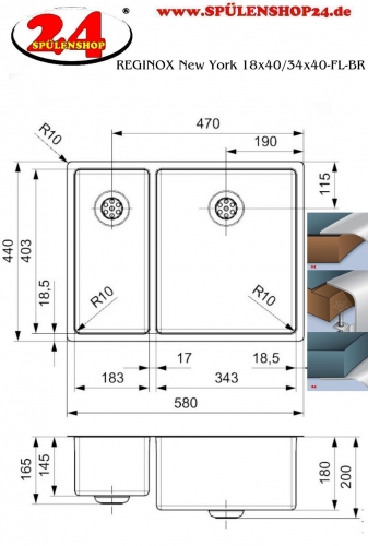{LAGER} REGINOX Kchensple New York 18x40/34x40 (L) Comfort Becken rechts Einbausple 3 in 1 mit Flachrand Siebkorb als Stopfenventil