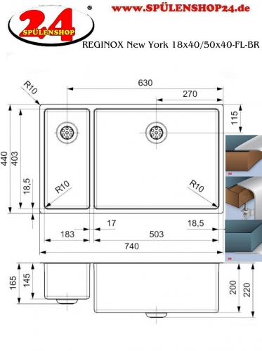 REGINOX Kchensple New York 18x40/50x40 (L) Comfort Becken rechts Einbausple 3 in 1 mit Flachrand Siebkorb als Stopfenventil