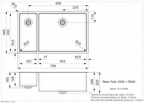 REGINOX Kchensple New York 18x40/50x40 (L) Comfort Becken rechts Einbausple 3 in 1 mit Flachrand Siebkorb als Stopfenventil
