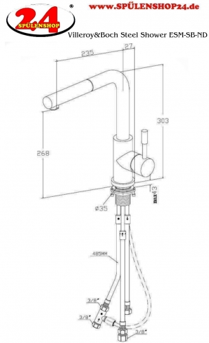 Villeroy & Boch Kchenarmatur Steel Shower-ND Einhebelmischer Edelstahl massiv mit Zugauslauf Niederdruck