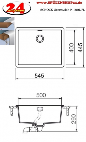 SCHOCK Kchensple Greenwich N-100L-FB Cristadur Nano-Granitsple flchenbndig mit Drehexcenter