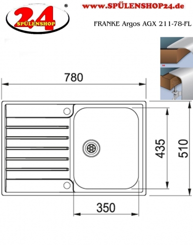 FRANKE Kchensple Argos AGX 211-78 Edelstahlsple Slimtop / Flchenbndig mit Integralablauf und Druckknopfventil