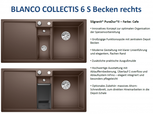 BLANCO Collectis 6 S Silgranit PuraDurII Granitsple / Einbausple Ablaufsystem InFino mit Drehknopfventil