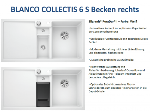 BLANCO Collectis 6 S Silgranit PuraDurII Granitsple / Einbausple Ablaufsystem InFino mit Drehknopfventil