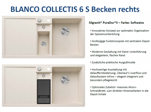 BLANCO Collectis 6 S Silgranit PuraDurII Granitsple / Einbausple Ablaufsystem InFino mit Drehknopfventil