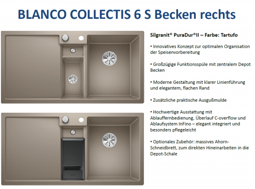 BLANCO Collectis 6 S Silgranit PuraDurII Granitsple / Einbausple Ablaufsystem InFino mit Drehknopfventil