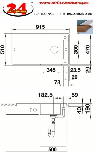 BLANCO Axia III 5 S HSB (Holzschneidbrett) Silgranit PuraDurII Granitsple / Einbausple Ablaufsystem InFino mit Drehknopfventil