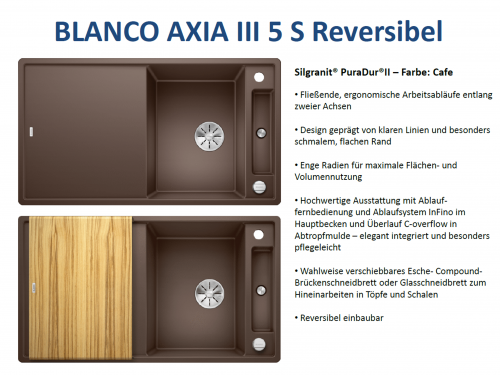 BLANCO Axia III 5 S HSB (Holzschneidbrett) Silgranit PuraDurII Granitsple / Einbausple Ablaufsystem InFino mit Drehknopfventil