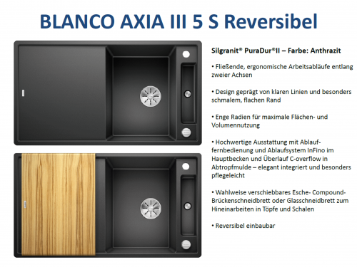 BLANCO Axia III 5 S HSB (Holzschneidbrett) Silgranit PuraDurII Granitsple / Einbausple Ablaufsystem InFino mit Drehknopfventil