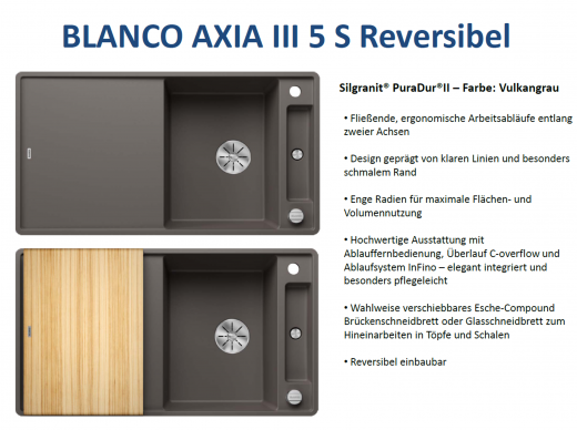 BLANCO Axia III 5 S HSB (Holzschneidbrett) Silgranit PuraDurII Granitsple / Einbausple Ablaufsystem InFino mit Drehknopfventil