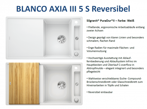 BLANCO Axia III 5 S HSB (Holzschneidbrett) Silgranit PuraDurII Granitsple / Einbausple Ablaufsystem InFino mit Drehknopfventil