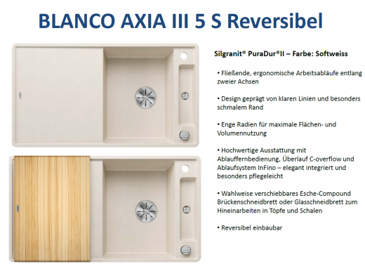 BLANCO Axia III 5 S HSB (Holzschneidbrett) Silgranit PuraDurII Granitsple / Einbausple Ablaufsystem InFino mit Drehknopfventil