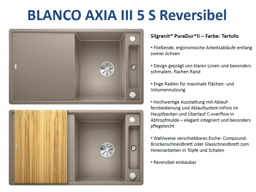 BLANCO Axia III 5 S HSB (Holzschneidbrett) Silgranit PuraDurII Granitsple / Einbausple Ablaufsystem InFino mit Drehknopfventil