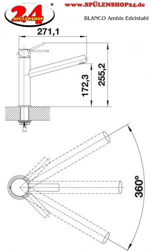 BLANCO Kchenarmatur Ambis Edelstahl massiv Einhebelmischer / Spltischarmatur mit Festauslauf 360 schwenkbarer Auslauf