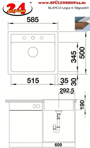 BLANCO Kchensple Legra 6 Silgranit PuraDurII Granitsple / Einbausple mit Handbettigung