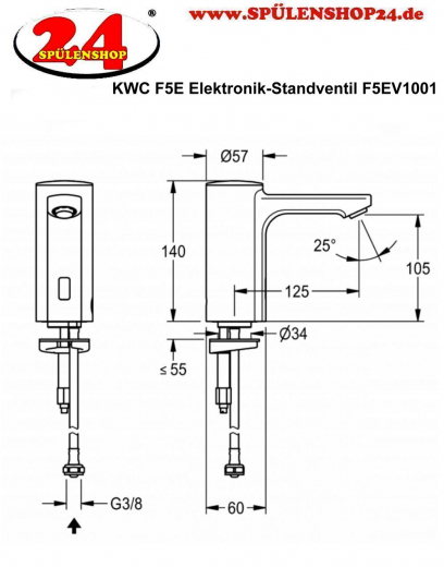 KWC PROFESSIONAL F5E Elektronik Standventil F5EV1001 DN 15 fr Waschanlagen, opto-elektronisch gesteuert Batteriebetrieb