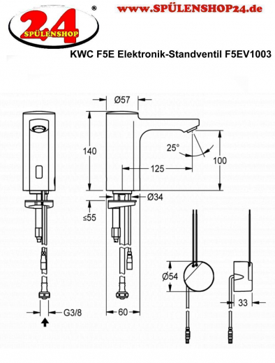 KWC PROFESSIONAL F5E Elektronik Standventil F5EV1003 DN 15 fr Waschanlagen, opto-elektronisch gesteuert mit Wandeinbau-Netzteil