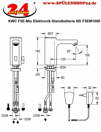 KWC PROFESSIONAL F5E-Mix Elektronik Standbatterie F5EM1006-ND DN 15 fr Waschanlagen, opto-elektronisch gesteuert mit Steckernetzteil Niederdruck