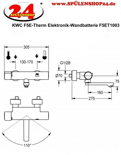 KWC PROFESSIONAL F5E-Therm Elektronik Wandbatterie F5ET1003 DN 15 zur Aufputzmontage Opto-elektronisch gesteuert mit Batteriebetrieb