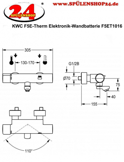 KWC PROFESSIONAL F5E-Therm Elektronik Wandbatterie F5ET1016 DN 15 zur Aufputzmontage Opto-elektronisch gesteuert mit Batteriebetrieb