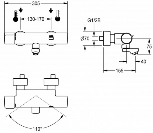 KWC PROFESSIONAL F5E-Therm Elektronik Wandbatterie F5ET1016 DN 15 zur Aufputzmontage Opto-elektronisch gesteuert mit Batteriebetrieb