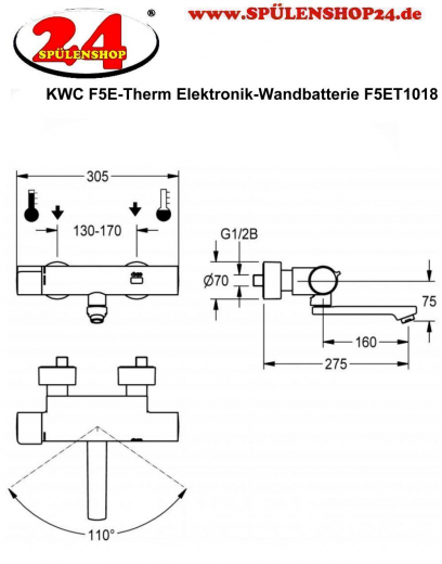 KWC PROFESSIONAL F5E-Therm Elektronik Wandbatterie F5ET1018 DN 15 zur Aufputzmontage Opto-elektronisch gesteuert mit Batteriebetrieb