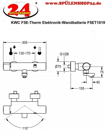 KWC PROFESSIONAL F5E-Therm Elektronik Wandbatterie F5ET1019 DN 15 zur Aufputzmontage Opto-elektronisch gesteuert