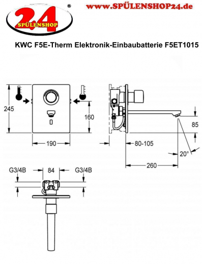 KWC PROFESSIONAL F5E-Therm Elektronik Einbaubatterie F5ET1015 DN 15 als Fertigbauset zur Wandeinbaumontage im Rohbauset