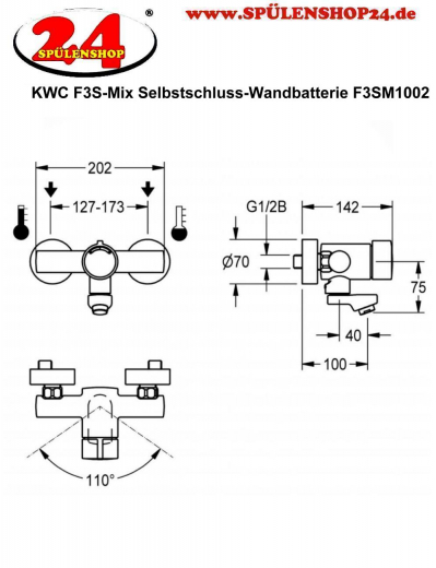 KWC PROFESSIONAL F3S-Mix Selbstschluss-Wandbatterie F3SM1002 DN 15 als Eingriffmischer zur Aufputzmontage