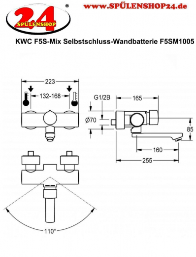 KWC PROFESSIONAL F5S-Mix Selbstschluss-Wandbatterie F5SM1005 DN 15 als Eingriffmischer zur Aufputzmontage FRAMIC INSIDE