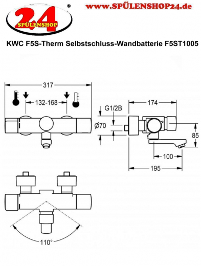 KWC PROFESSIONAL F5S-Therm Selbstschluss-Thermostat-Wandbatterie F5ST1005 DN 15 zur Aufputzmontage FRAMIC INSIDE Selbstschlusskartusche