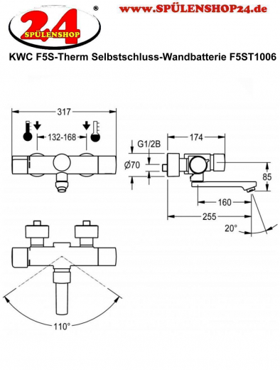 KWC PROFESSIONAL F5S-Therm Selbstschluss-Thermostat-Wandbatterie F5ST1006 DN 15 zur Aufputzmontage FRAMIC INSIDE Selbstschlusskartusche